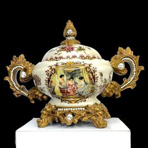 MANSOUR Floral Pot Gold Rhinestone Lid Handles Pedestal Victorian Cottage Decor